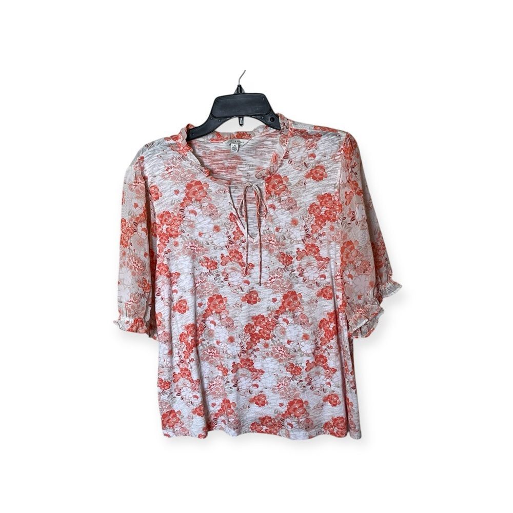 Lucky Brand Orange Floral Short Sleeve Top Shirt Blouse with Tie Size Large